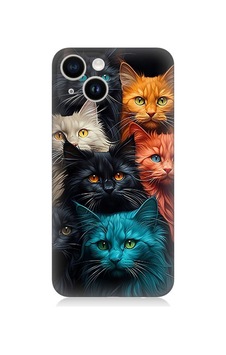 Apple Uyumlu iPhone 13 Silikon Kılıf Renkli Sevimli Kedi Yüzleri
