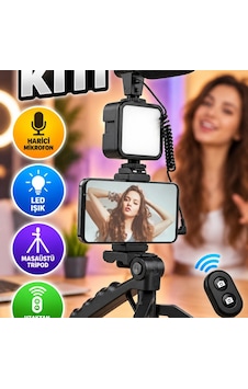 Kumandalı Mikrofonlu Tripod Telefon Tutucu Led Işıklı Vlog Video Çekim Kiti Kumandalı Mikrofonlu Tripod Telefon Tutucu Led Işıklı Vlog Video Çekim Kiti