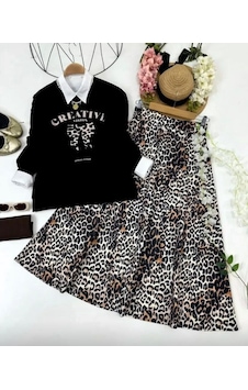 Lovie Moda Kadın Leopar Desenli Etekli Takım Siyah Lovie Moda Kadın Leopar Desenli Etekli Takım Siyah