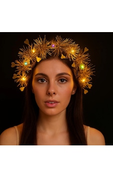 - 286 - Püsküllü Gece Parıltısı 3 Modlu Led&amp 39 Li Işıklı Taç - Csmo-tex - Altın Renk
