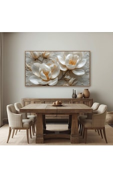 Çiçekli Cam Tablo Beyaz Çiçekler Ve Altın Detaylı Modern Dekoratif Çerçeveli Temperli Yatay Çiçekli Cam Tablo Beyaz Çiçekler Ve Altın Detaylı Modern Dekoratif Çerçeveli Temperli Yatay