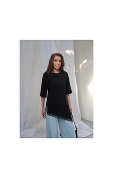 Paw Garage Kadın Elora İnterlok Kumaş Eteği Dantel Detaylı Oversize T-shirt Siyah Paw Garage Kadın Elora İnterlok Kumaş Eteği Dantel Detaylı Oversize T-shirt Siyah