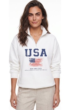 Onloox Kadın Beyaz Beyaz Pamuklu Dik Yaka Yarım Fermuarlı Usa Baskılı Standart Beden Sweatshirt Onloox Kadın Beyaz Beyaz Pamuklu Dik Yaka Yarım Fermuarlı Usa Baskılı Standart Beden Sweatshirt