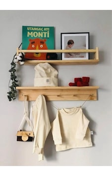 Ahşap Askılık Raf Ve Kitaplık Raf Eğitici Montessori Raf 2'li 40 Cm Kahverengi Kahverengi