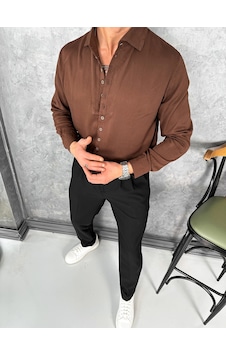 Modefendi Tensel Kumaş Pamuk Dokulu Kayık Yaka Extra Regular Fit Çok Düğme Detaylı Gömlek Kahverengi Modefendi Tensel Kumaş Pamuk Dokulu Kayık Yaka Extra Regular Fit Çok Düğme Detaylı Gömlek Kahverengi
