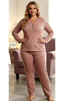 Miss Melina Büyük Beden % 100 Pamuk Uzun Kol Kadın Pijama Takımı Gülkurusu - 9048381754137