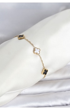 316l Çelik Gold Renk Siyah Beyaz Baby Yonca Model Kadın Bileklik - Lisinya Çok Renkli