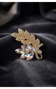 Gold Renk Zirkon Taşlı Başak Model Broş Altın