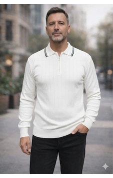 Bigümex Erkek Çizgili Polo Yaka Fermuarlı Sweatshirt Beyaz