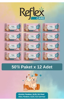 Reflex Care Evcil Hayvanlar İçin Çok Amaçlı Hijyenik Temizleme Mendili 50'li X 12 Adet Bebek Pudrası Kokulu Reflex Care Evcil Hayvanlar İçin Çok Amaçlı Hijyenik Temizleme Mendili 50'li X 12 Adet Bebek Pudrası Kokulu
