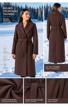 Moda Banuş Kadın Kuşaklı Cepli Yırtmaçlı Astarlı Kaşe Kaban Acı Kahve Altın Moda Banuş Kadın Kuşaklı Cepli Yırtmaçlı Astarlı Kaşe Kaban Acı Kahve Altın