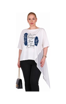 La Velina Büyük Beden Asimetrik Şifon Detaylı Taş Ve Denim Aplikeli Baskılı Rahat Kesim Kadın Bluz Beyaz La Velina Büyük Beden Asimetrik Şifon Detaylı Taş Ve Denim Aplikeli Baskılı Rahat Kesim Kadın Bluz Beyaz