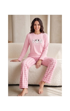 Lela Desenli Yumuşak Dokulu Kışlık Polar Pijama Takımı Kadın Pijama Takımı 6575031 Pembe