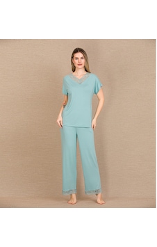 Civetta Viskonşık Tasarım Dantel İşlemeli Mint Yeşil Kısa Kol Pijama Takı Nane Mint