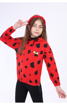 Toontoy Kız Çocuk Komple İnek Baskılı Sweatshirt Kırmızı