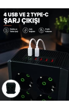 8'li Dikey Çoklu Priz 4 Usb 2 Type-c Akım Korumalı Anahtarlı Priz 0.13 M 8'li Dikey Çoklu Priz 4 Usb 2 Type-c Akım Korumalı Anahtarlı Priz 0.13 M