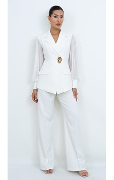 Dorne Moda Şifon Kollu Broş Detaylı Kruvaze Yaka Pantolonlu Şık İkili Takım Beyaz Dorne Moda Şifon Kollu Broş Detaylı Kruvaze Yaka Pantolonlu Şık İkili Takım Beyaz