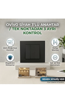 Ovivo Numeris Siyah 3'lü Anahtar Çerçeve + Mekanizma Tam Set - Tek Noktadan 3 Ayrı Aydınlatma Kontrolü Grano Ovivo Numeris Siyah 3'lü Anahtar Çerçeve + Mekanizma Tam Set - Tek Noktadan 3 Ayrı Aydınlatma Kontrolü Grano