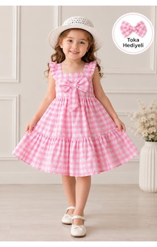 Esila Kids Kız Çocuk Ekose Elbise Toka Hediyeli Fiyonklu Askılı Katlı Etekli Yazlık Model Pembe