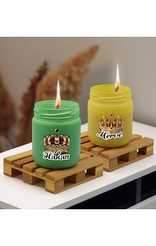 Bk Gift Kişiye Özel Dtf Kral Ve Kraliçe Tacı 2 Li Yeşil Ve Sarı Renkli Cam Kavanozda Kokulu Mum-1, Arkadaşa Hediye, Sevgiliye Hediye