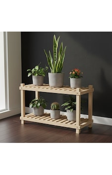 Modern Masif Ahşap Çiçek Standı - 2 Raflı Köknar Ağacı Çok Amaçlı Raf 100x50 Bej