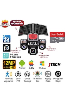 Avenir Av-s446 3mp+3mp+3mp+3mp 12mp Aov Esim 4g Solar 4 Kameralı 3 Lens Ptz Akıllı Kamera + 128gb Sd Kart Dahil