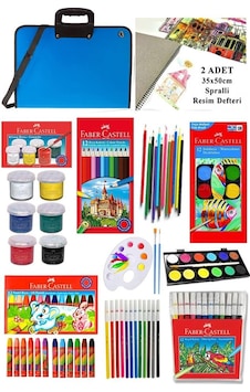 Öğrenci Boyama Seti 11 Parça 1 Paket 35x50 Resim Çantası Resim Defter Faber Sulu Boya Kuru Boya Pastel Boya Keçeli Kalem 001