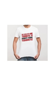 Freedom Storee 15 Temmuz Demokrasi Milli Birlik Yedirmeyiz Baskılı Bisiklet Yaka T-shirt - Beyaz Çok Renkli