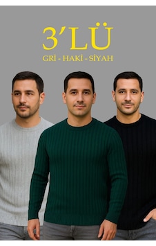Barlashive Erkek Fitilli Triko Bisiklet Yaka Kalın Kazak 3'lü Set Gri-haki-siyah Çok Renkli