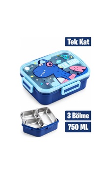 750 Ml Lunchbox Dinazor Desenli Tek Katlı 3 Bölmeli Paslanmaz Çelik Beslenme Kabı- Sefer Tası Mavi