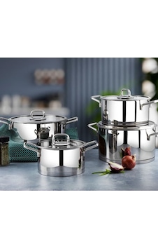 Lines Silver Çelik Tencere Seti 8 Parça Metal Kulp Gümüş Lines Silver Çelik Tencere Seti 8 Parça Metal Kulp Gümüş