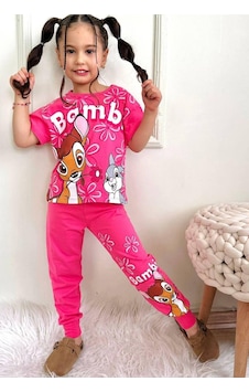 Kiz Çocuk Desenli Kisa Kollu Tshirt Eşofman 2'li Takim-1075 Koyu Pembe