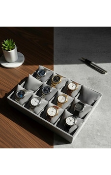 12 Bölmeli Ahşap Üzeri Baby Face Kumaş Saat Ve Takı Standı - Organizeri Ebat 35x24x5 Cm Gri 12 Bölmeli Ahşap Üzeri Baby Face Kumaş Saat Ve Takı Standı - Organizeri Ebat 35x24x5 Cm Gri