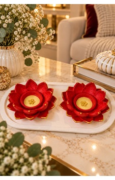 Kırmızı Lotus 2 Li Dekoratif Mumluk Seti Gold Detaylı El Yapımı Kırmızı Kırmızı Lotus 2 Li Dekoratif Mumluk Seti Gold Detaylı El Yapımı Kırmızı