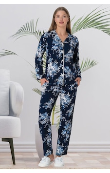 Lohusa Sepeti Lohusasepeti Çiçekli Önden Düğmeli Lohusa Pijama Takımı Lacivert - 5924 001