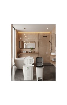 Bambu Görünümlü Halatlı Çamaşır Sepeti 65 Lt Ve Pedallı İç Kovalı 40 Lt Banyo Seti Beyaz - 839857297 Beyaz