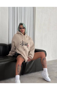 Velmora Fashion Kadın Oversize Kapüşonlu Cepli Baskılı 3 İplik Pamuklu Hoodie Sweatshirt - Bej Velmora Fashion Kadın Oversize Kapüşonlu Cepli Baskılı 3 İplik Pamuklu Hoodie Sweatshirt - Bej