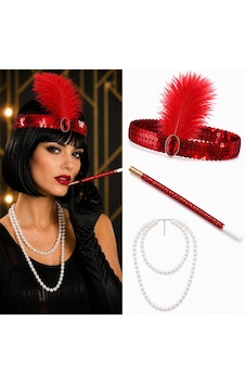 1920& 39 Ler - 431 - Gatsby Kırmızı Parti Seti - Çarliston Saç Bandı, İnci Kolye Ve - Spt-gld - Sigara Tutacağı 1920& 39 Ler - 431 - Gatsby Kırmızı Parti Seti - Çarliston Saç Bandı, İnci Kolye Ve - Spt-gld - Sigara Tutacağı