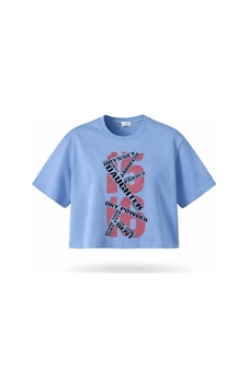 Kadın Mavi Yazı Baskılı Crop Pamuk T-shirt Mavi
