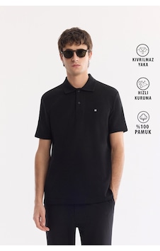 Avva Erkek Siyah Kıvrılmaz Polo Yaka %100 Pamuk Basic Regular Fit T-shirt B001032