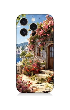 Apple Uyumlu iPhone 15 Pro Max Çiçekli Ev Desenli Silikon Kılıf Silikon