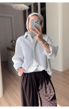 Kahijab Önü Katlı Çizgili Gömlek - Beyaz