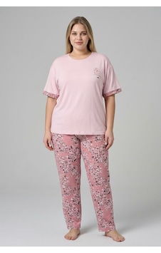 Lukitus Büyük Beden Kısa Kollu Milan Kumaş Kadın Pijama Takımı Açık Pembe