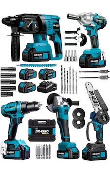 Dragro Alman DRG-5LST Kömürsüz 5 x 3 5'li Set Kırıcı Delici + Somun Sıkma + Taşlama Makinesi + Matkap + Dal Budama + 3 Akülü