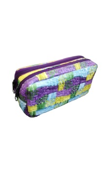 Renkli Desenli Çift Fermuarlı Makyaj Çantası Kalemlik Clutch Mor Yeşil Sarı Mavi Patchwork Desen