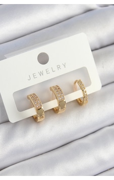 Pirinç Zirkon Taşlı Halka Model Gold Renk 3'lü Çift Kadın Küpe Set Altın Pirinç Zirkon Taşlı Halka Model Gold Renk 3'lü Çift Kadın Küpe Set Altın
