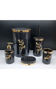 5 Parça Yuvarlak Akrilik Banyo Seti Siyah Gold Papatya Desen Siyah
