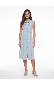 Onloox Kadın Mavi Buz Mavisi Denim Kumaş Sıfır Kollu Belden Oturan Kapaklı Cepli Düğmeli Detaylı Elbise Onloox Kadın Mavi Buz Mavisi Denim Kumaş Sıfır Kollu Belden Oturan Kapaklı Cepli Düğmeli Detaylı Elbise