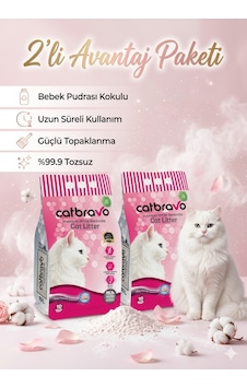 Catbravo Doğal Bentonite- Süper Topaklanan Bebek Pudrası Kokulu Kedi Kumu 10 Lt X 2 Adet Catbravo Doğal Bentonite- Süper Topaklanan Bebek Pudrası Kokulu Kedi Kumu 10 Lt X 2 Adet