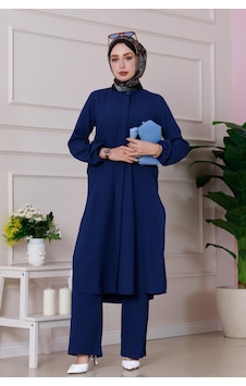 Sevitli Yırtmaç Detaylı Tunik Pantolon Takım-lacivert-4863